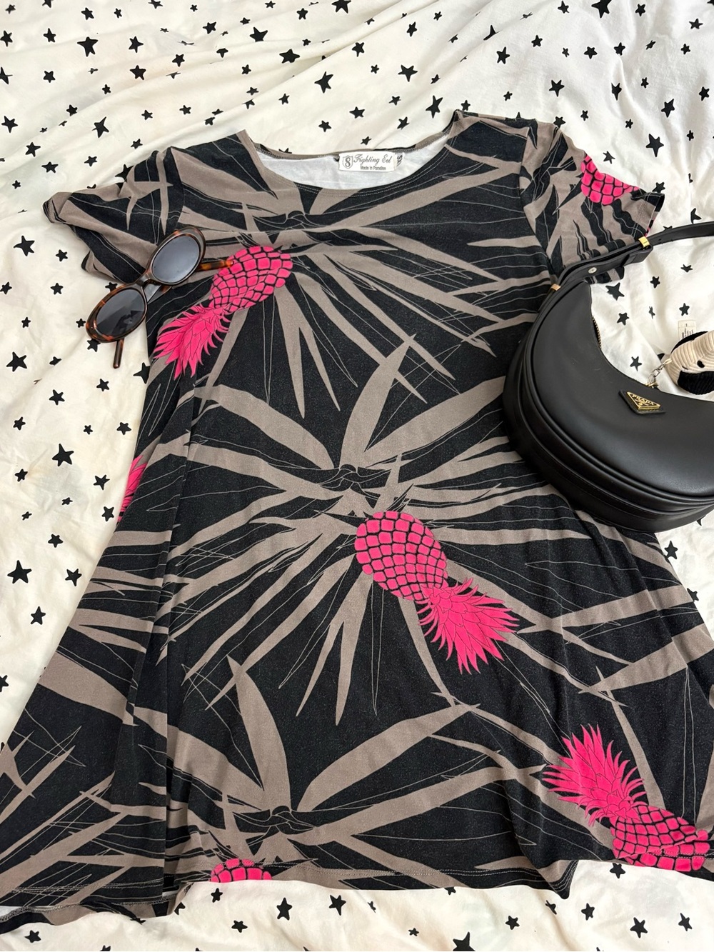 Vintage Fighting Eel: Black and pink pineapple print dress